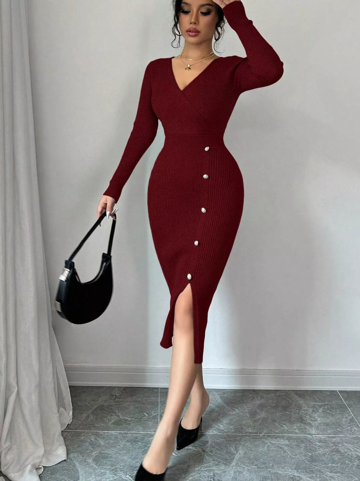 Ribbed Knit Sweater Dress with Decorative Buttons
