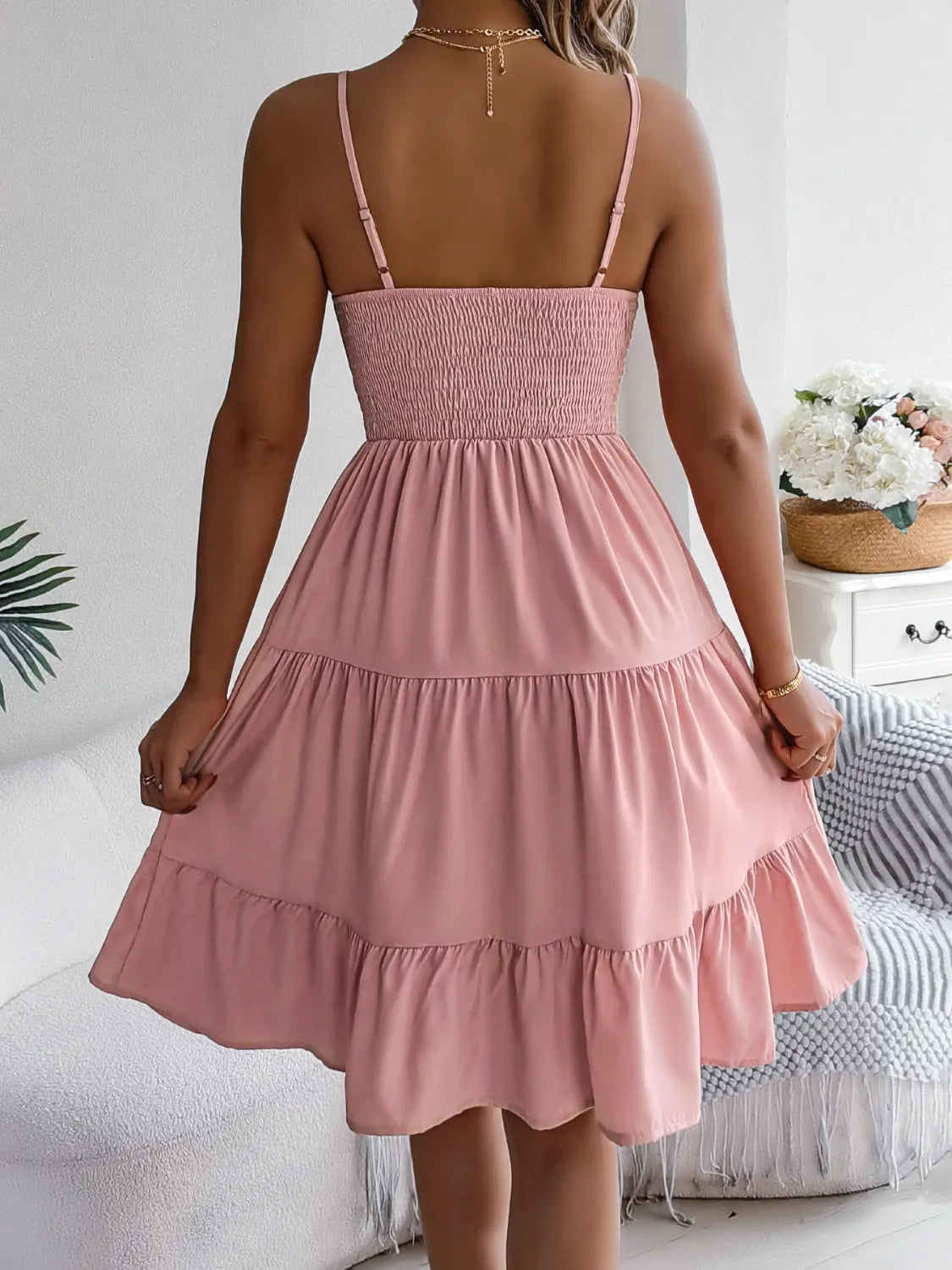 Smocked-Back Tiered Cami Mini Dress