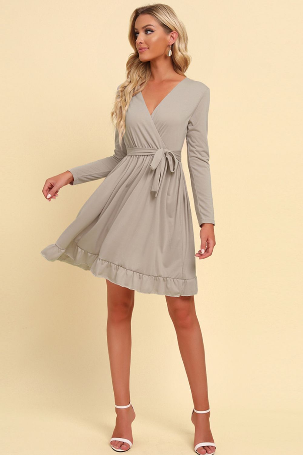 Surplice Long-Sleeve Tie-Waist Mini Dress