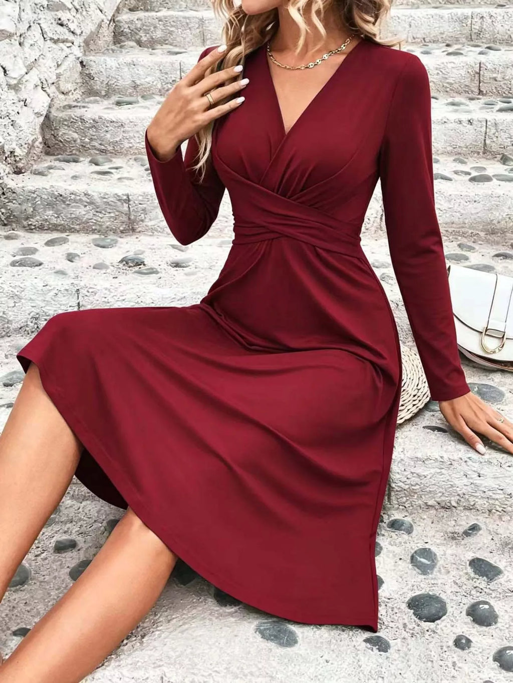 V-Neck Crisscross Ruched Dress, Long-Sleeve & Sleeveless, S–3XL
