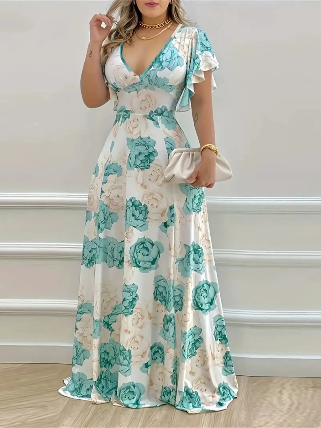 Plus Size Floral V-Neck Flutter-Sleeve Maxi Dress