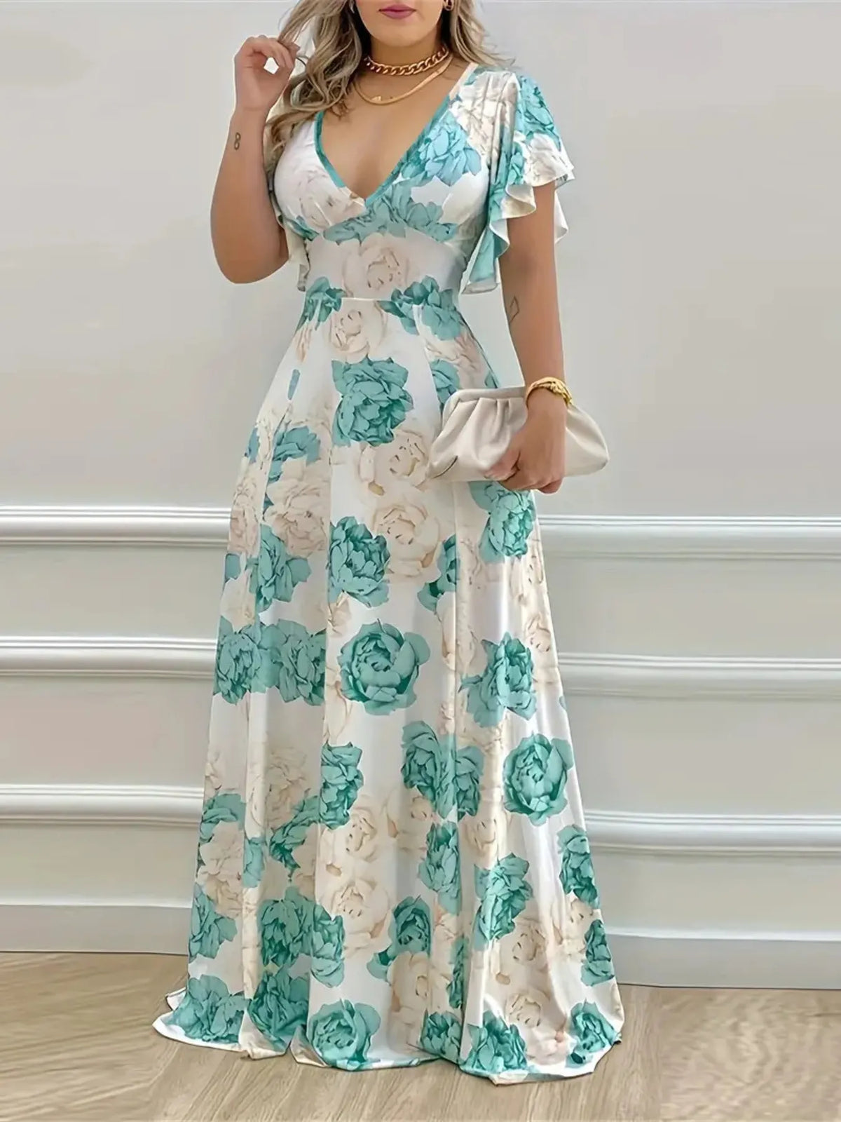 Plus Size Floral V-Neck Flutter-Sleeve Maxi Dress