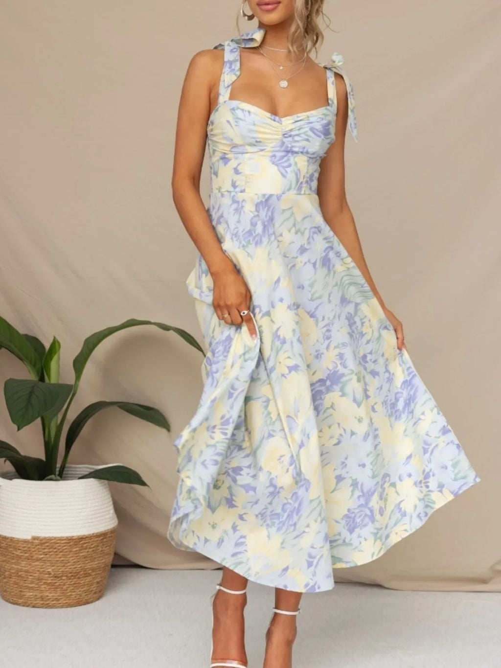 Floral Tie-Shoulder Sweetheart Dress
