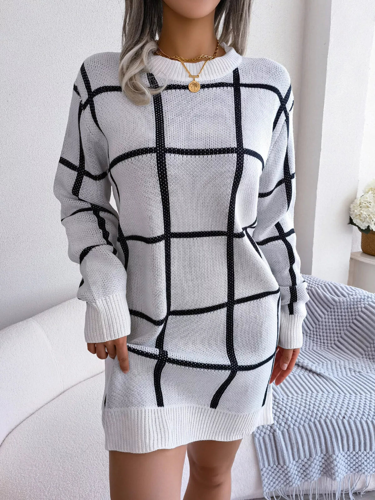 Windowpane Plaid Round-Neck Sweater Mini Dress
