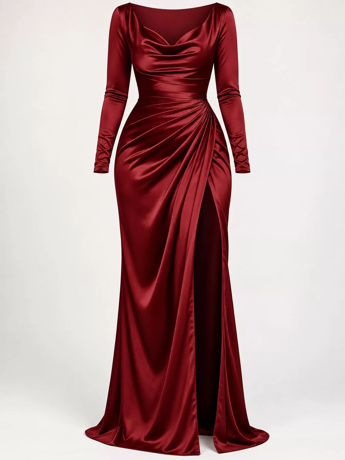 Satin Cowl-Neck Ruched High-Slit Maxi Dress