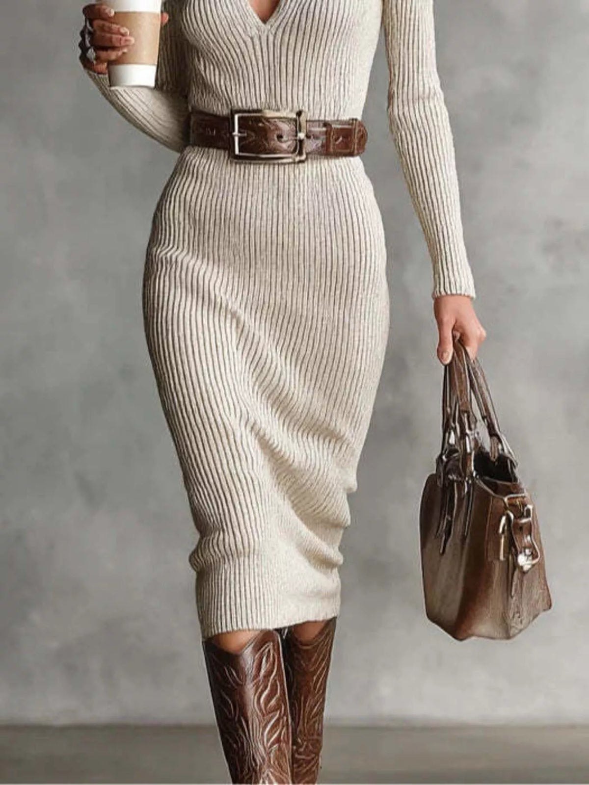 Ribbed V-Neck Long-Sleeve Sweater Midi Dress