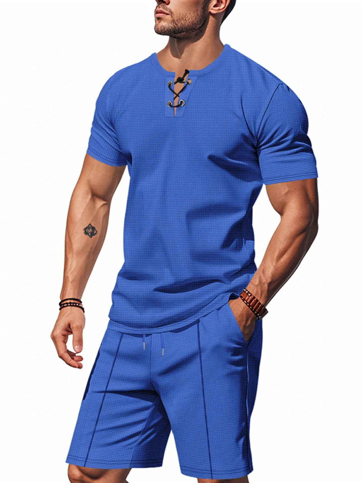 Men’s Lace-Up Short-Sleeve Top & Shorts Set