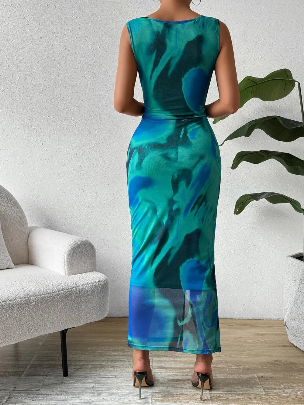 Honey Printed Round-Neck Slit Tank Dress