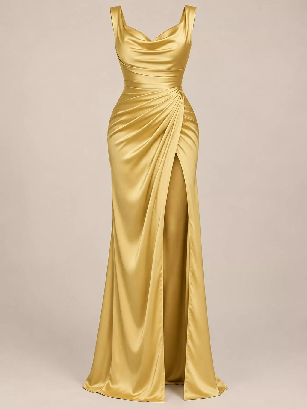 Satin Cowl-Neck Ruched High-Slit Maxi Dress