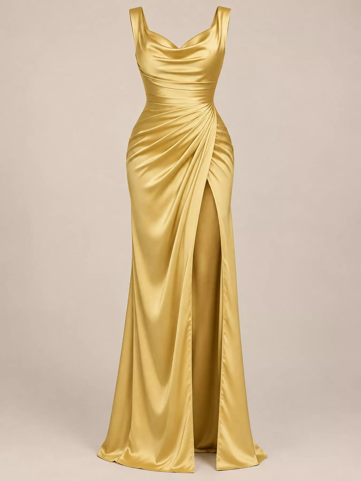 Satin Cowl-Neck Ruched High-Slit Maxi Dress