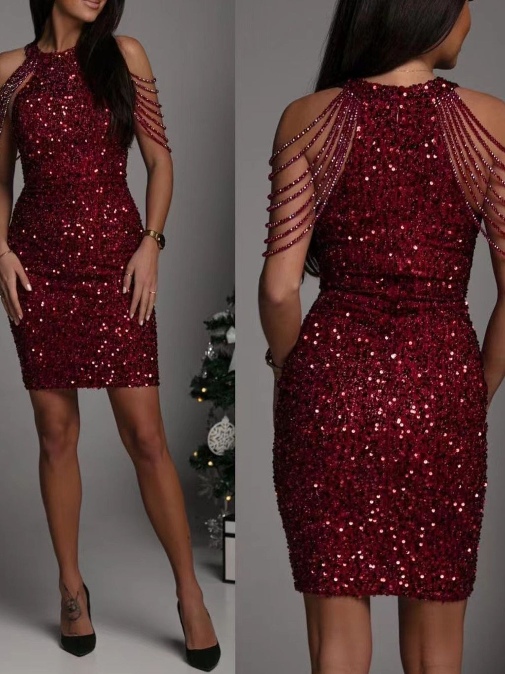 Sequin Embellished Bodycon Mini Dress with Draped Shoulder Detail