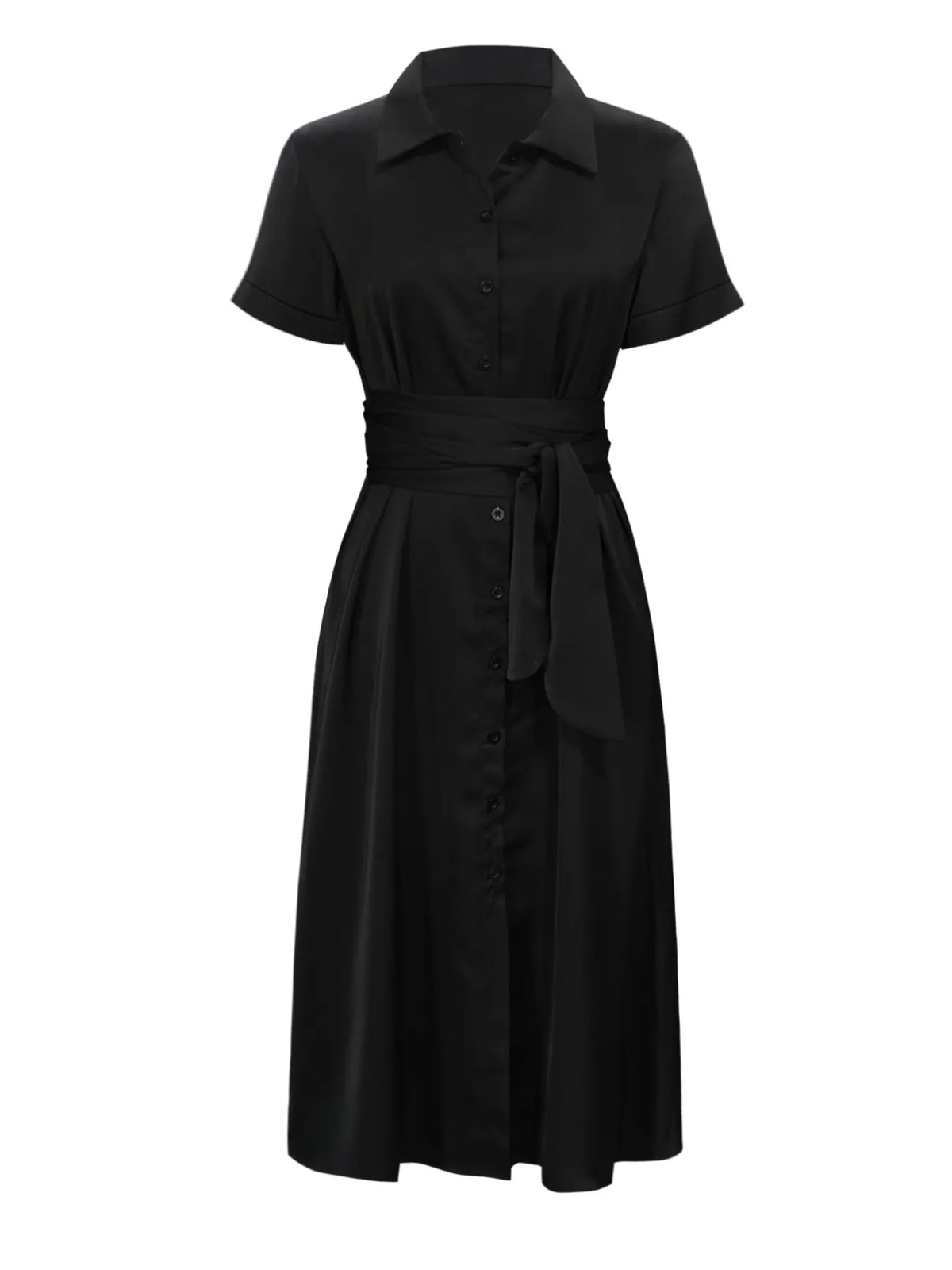 Black Button-Down Belted Midi Shirt Dress