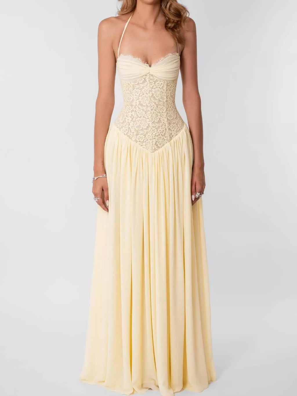 Lace Corset-Style Halter Maxi Dress