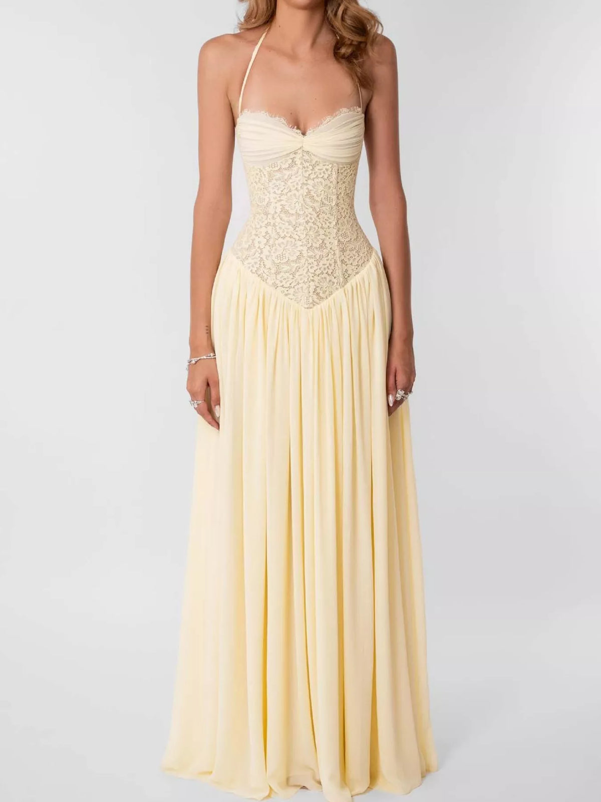 Lace Corset-Style Halter Maxi Dress