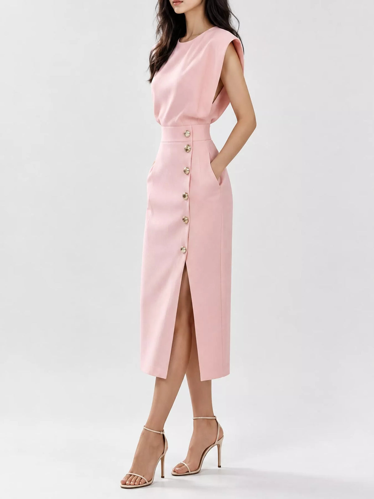 Sleeveless Gold-Tone Button-Detail Midi Dress