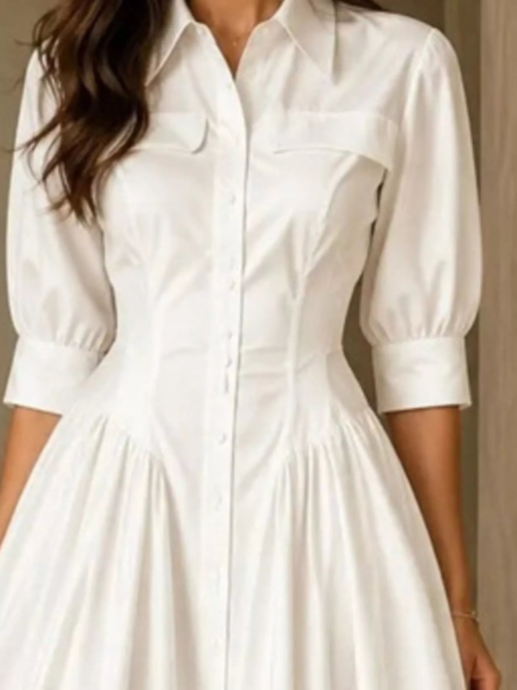 Collared Cinched-Waist Button-Front Midi Dress