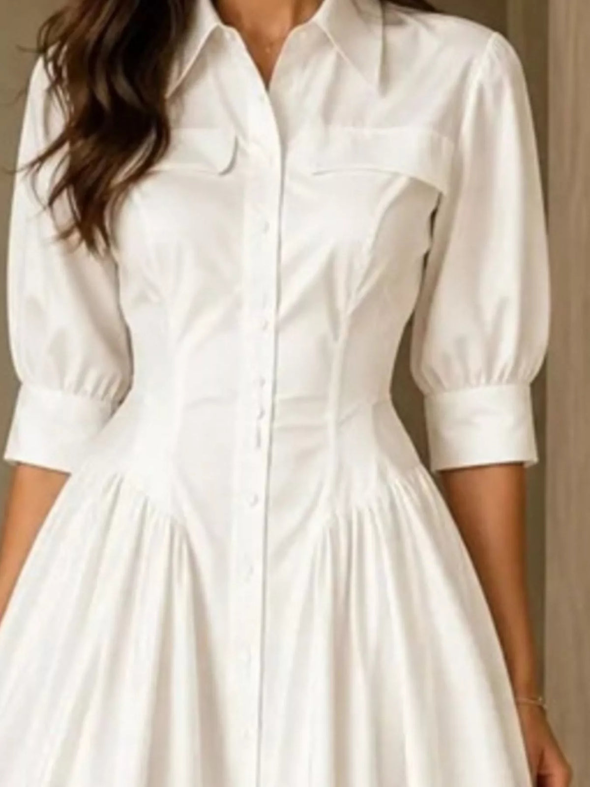 Collared Cinched-Waist Button-Front Midi Dress