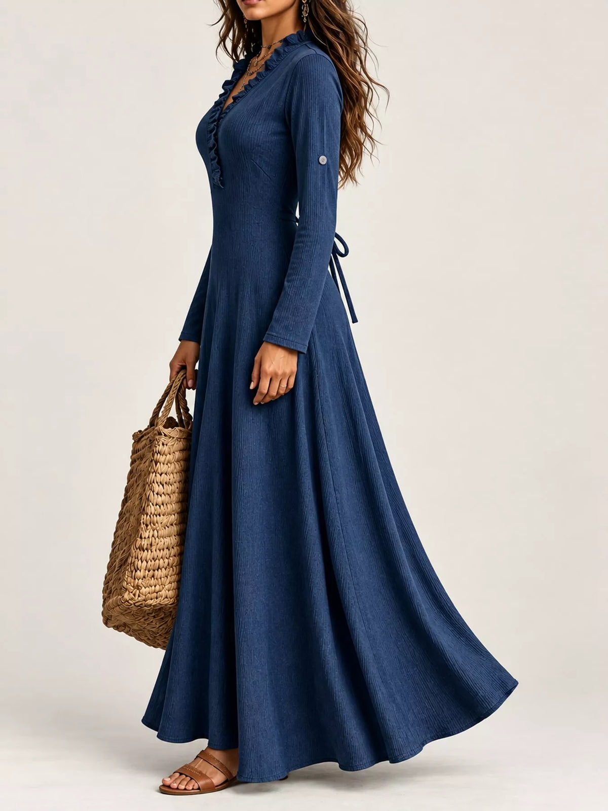 Frill V-Neck Roll-Tab Sleeve Maxi Dress, XS–3XL