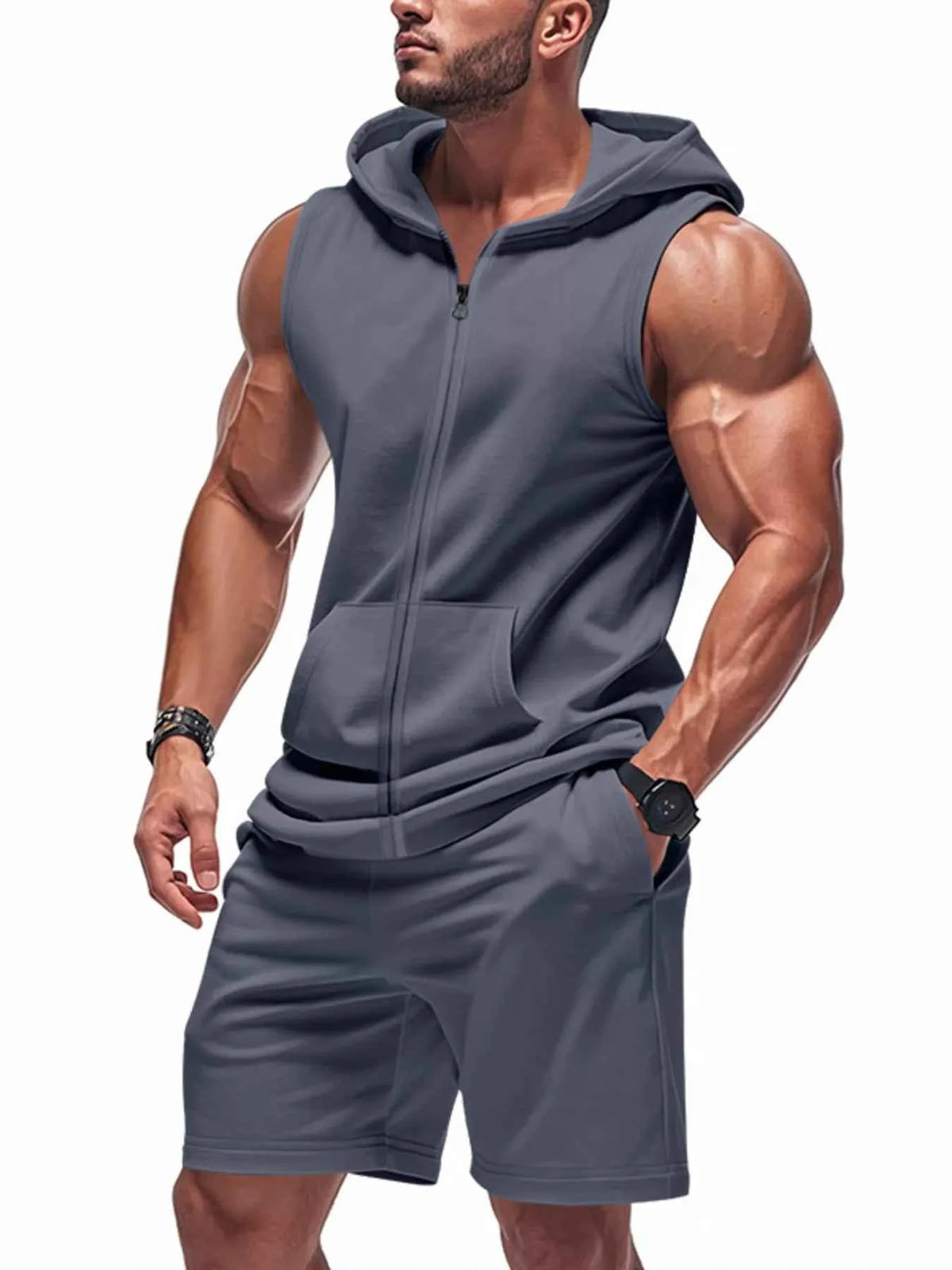 Men’s Sleeveless Zip-Front Hoodie & Shorts Set
