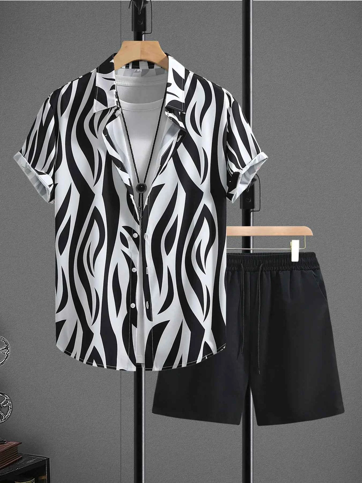 Men’s Zebra-Print Shirt & Black Shorts Set