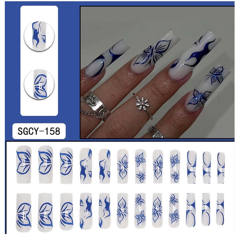 Blue Butterfly Nail Art Press-On Nails – 24 PCS Long Square Head Shape | Nature-Inspired Design — Prime Trend Market