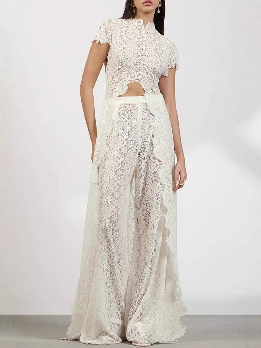 Elegant Lace Short Sleeve Top and Pants Set