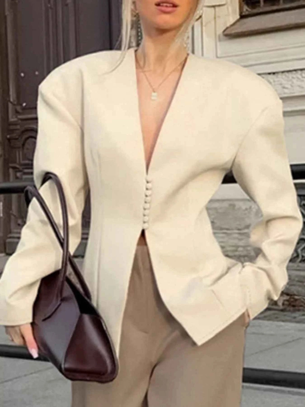 Beige Unlined V-Neck Button-Front Blazer