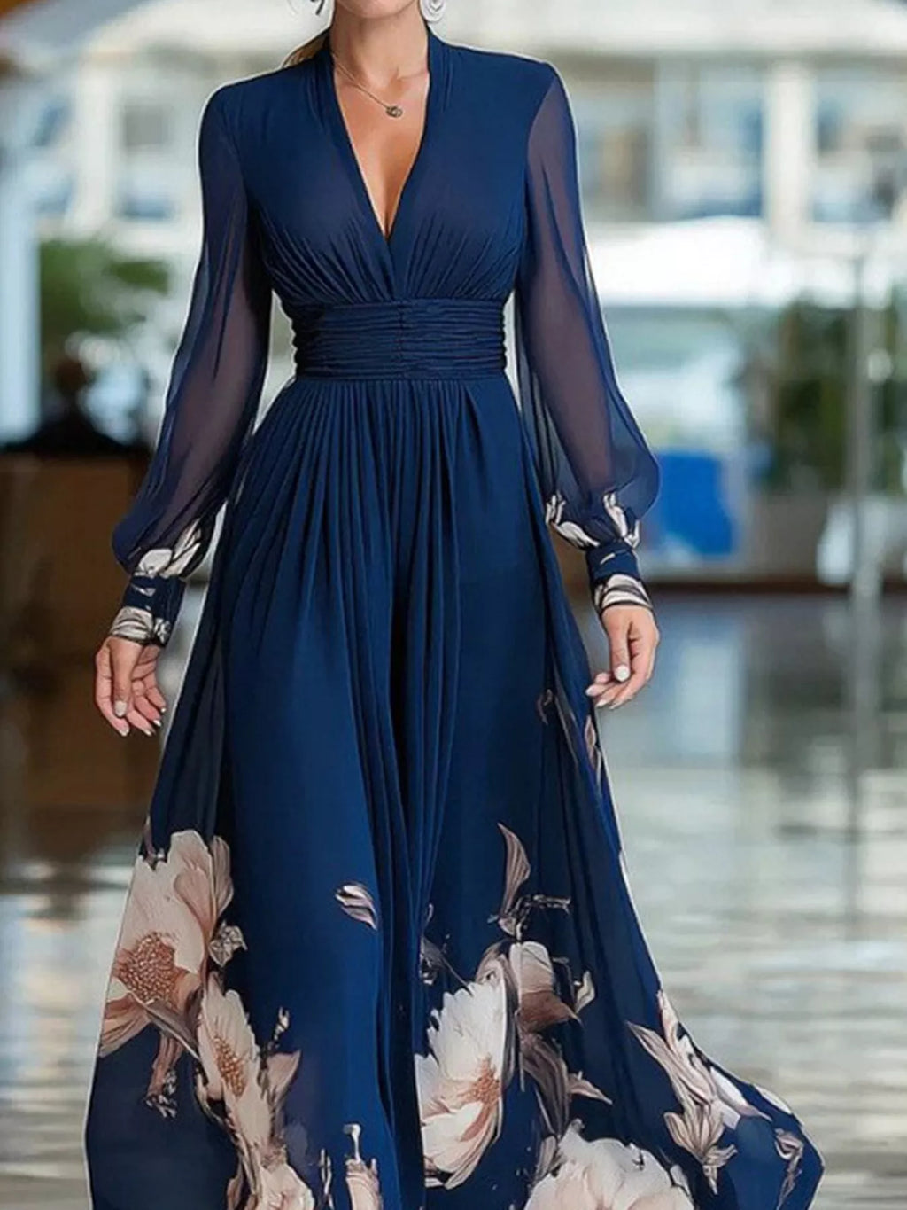 Floral V-Neck Sheer-Sleeve Ruched Maxi Dress