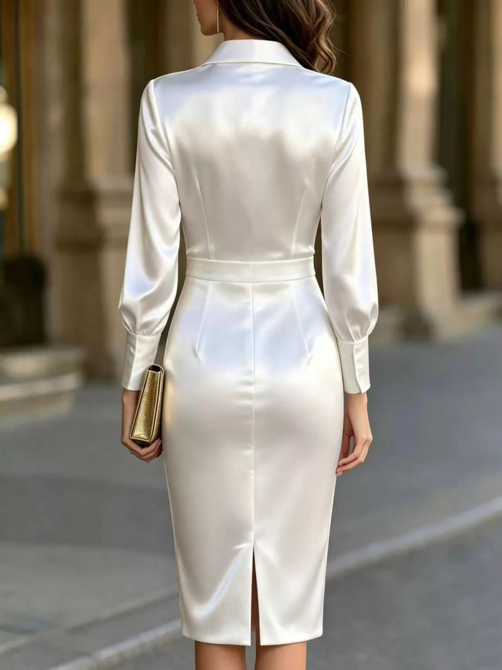 Satin Lantern-Sleeve Midi Dress
