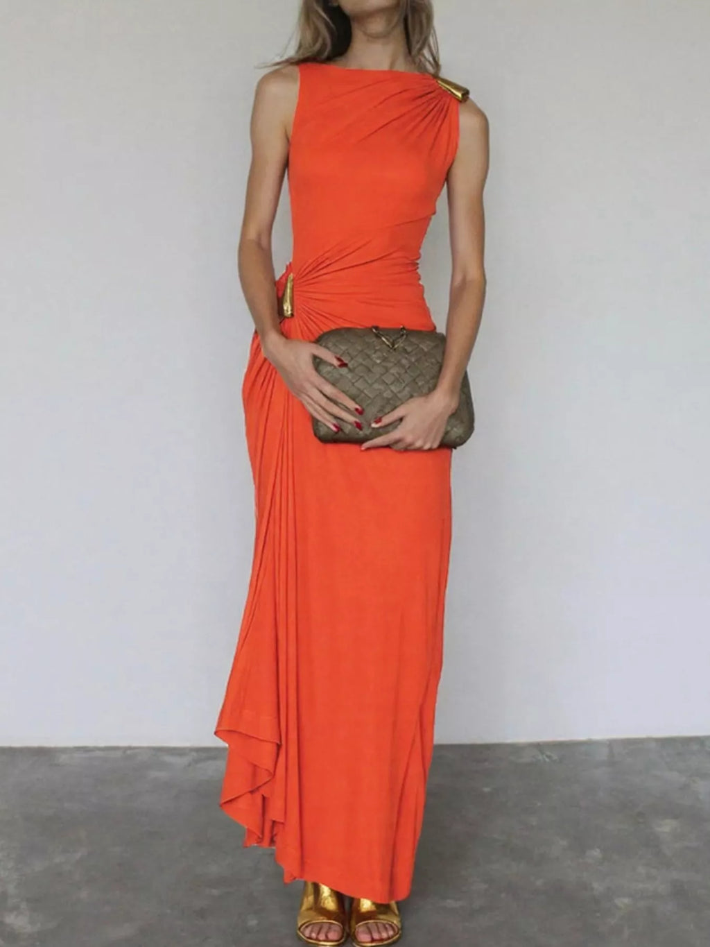 Draped Sleeveless Maxi Dress with Gold-Tone Accents
