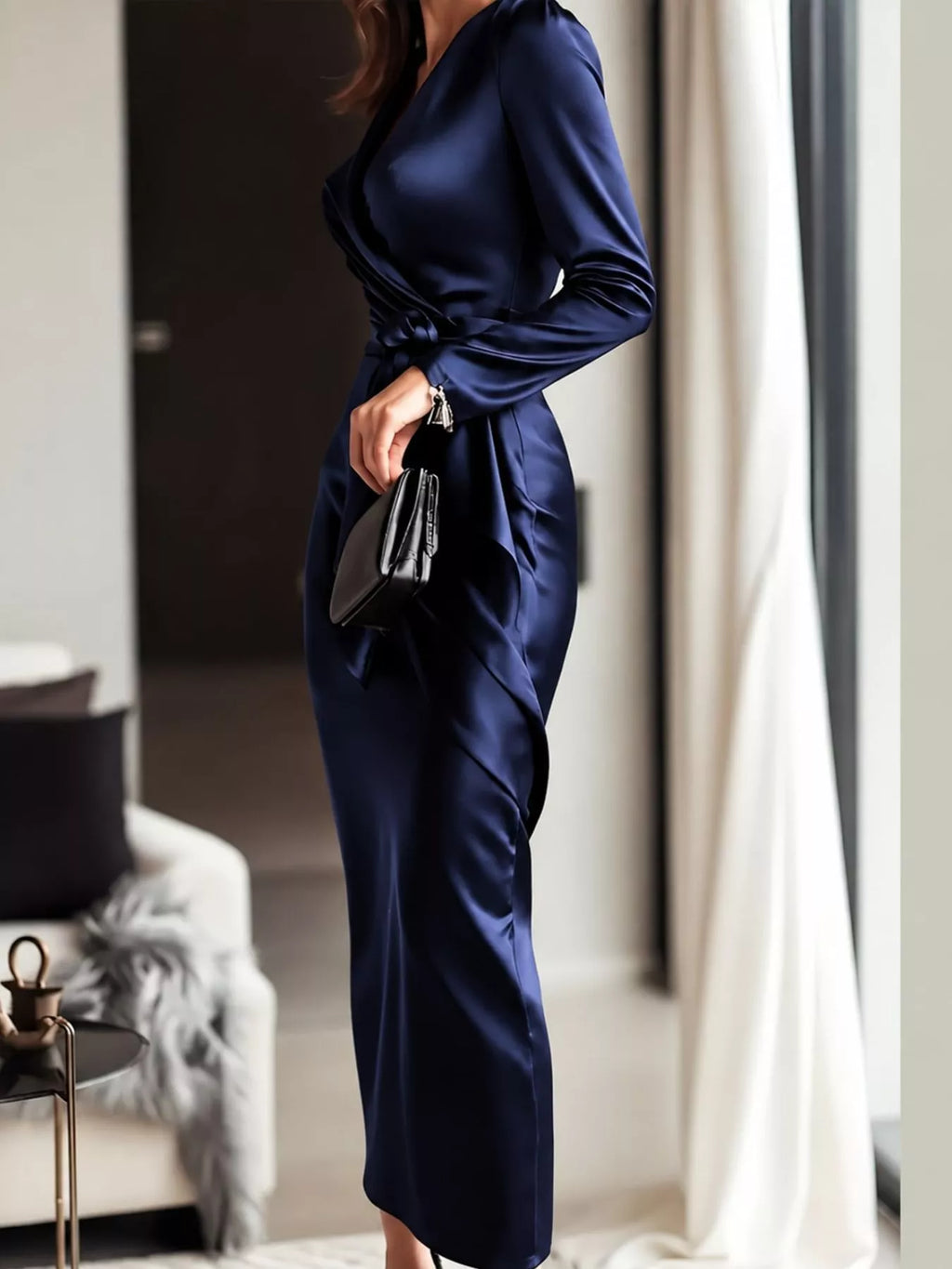Satin Surplice Tie-Waist Long-Sleeve Midi Dress