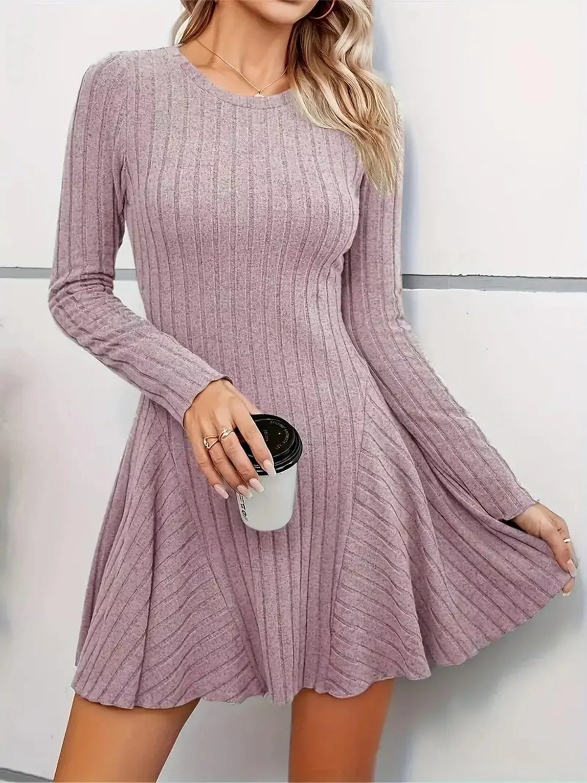Long-Sleeve Ribbed Knit A-Line Mini Dress