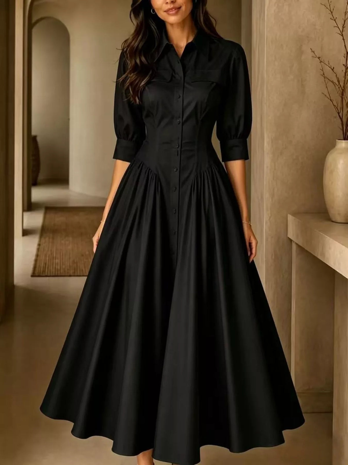 Collared Cinched-Waist Button-Front Midi Dress