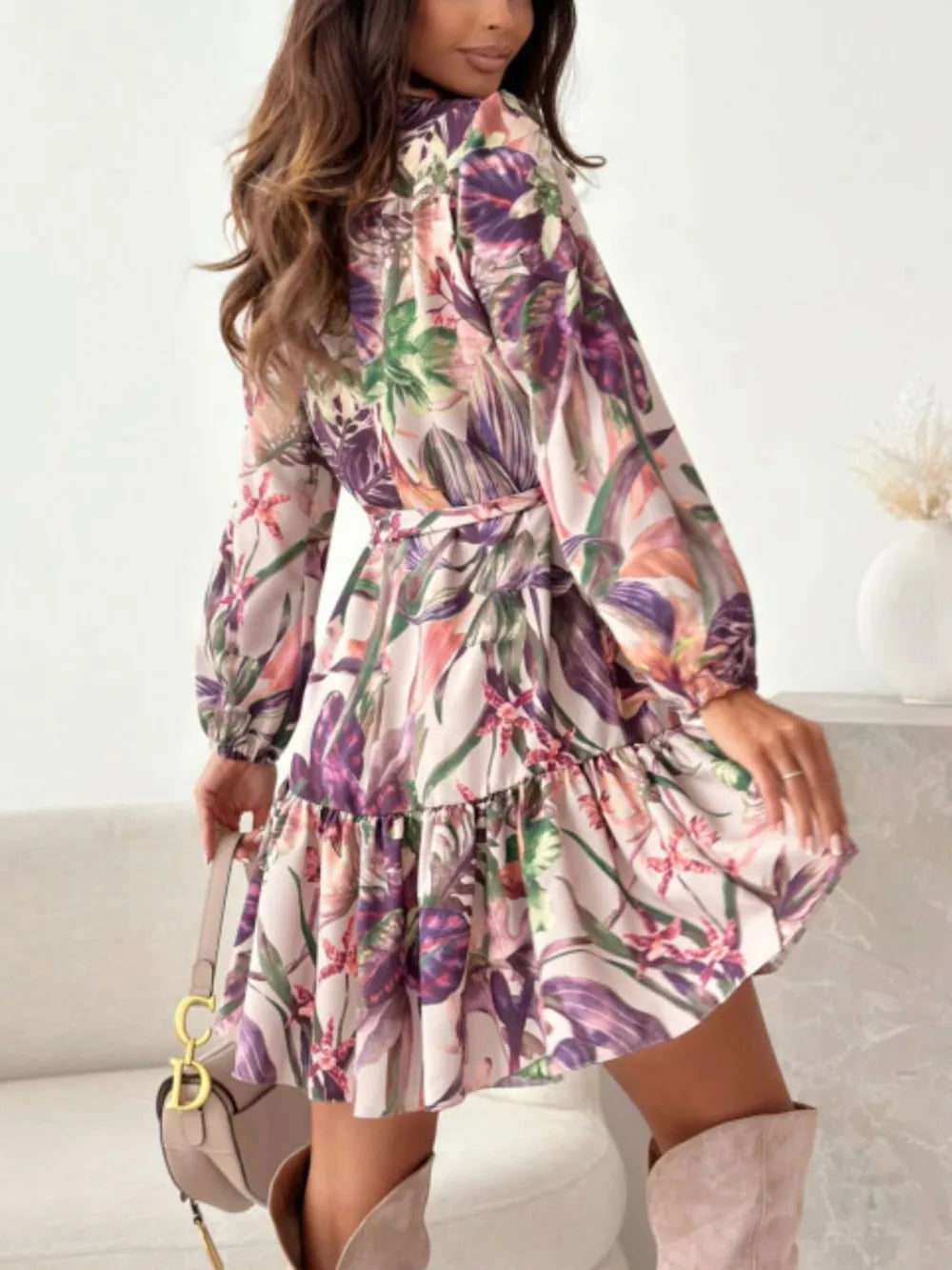 Floral Long-Sleeve Tie-Waist Ruffle-Hem Mini Dress