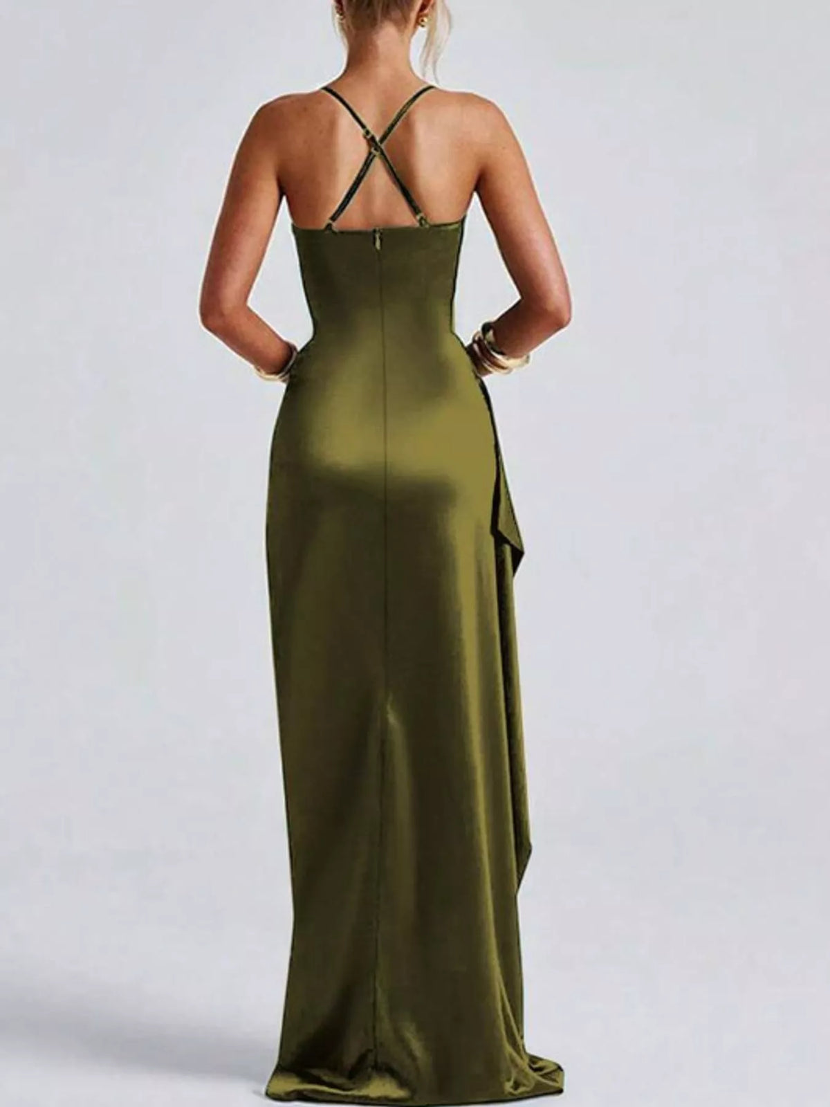 Satin Ruched High-Slit Maxi Dress