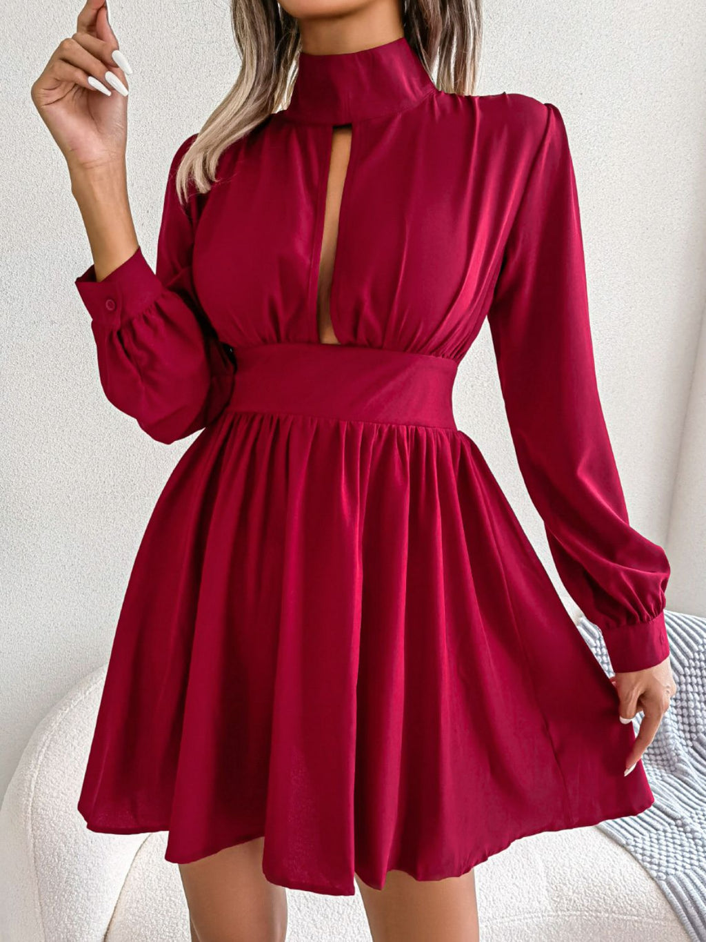 High-Neck Cutout Long-Sleeve A-Line Mini Dress