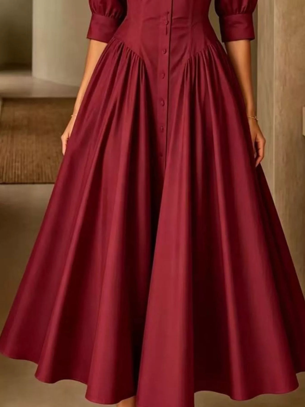 Collared Cinched-Waist Button-Front Midi Dress