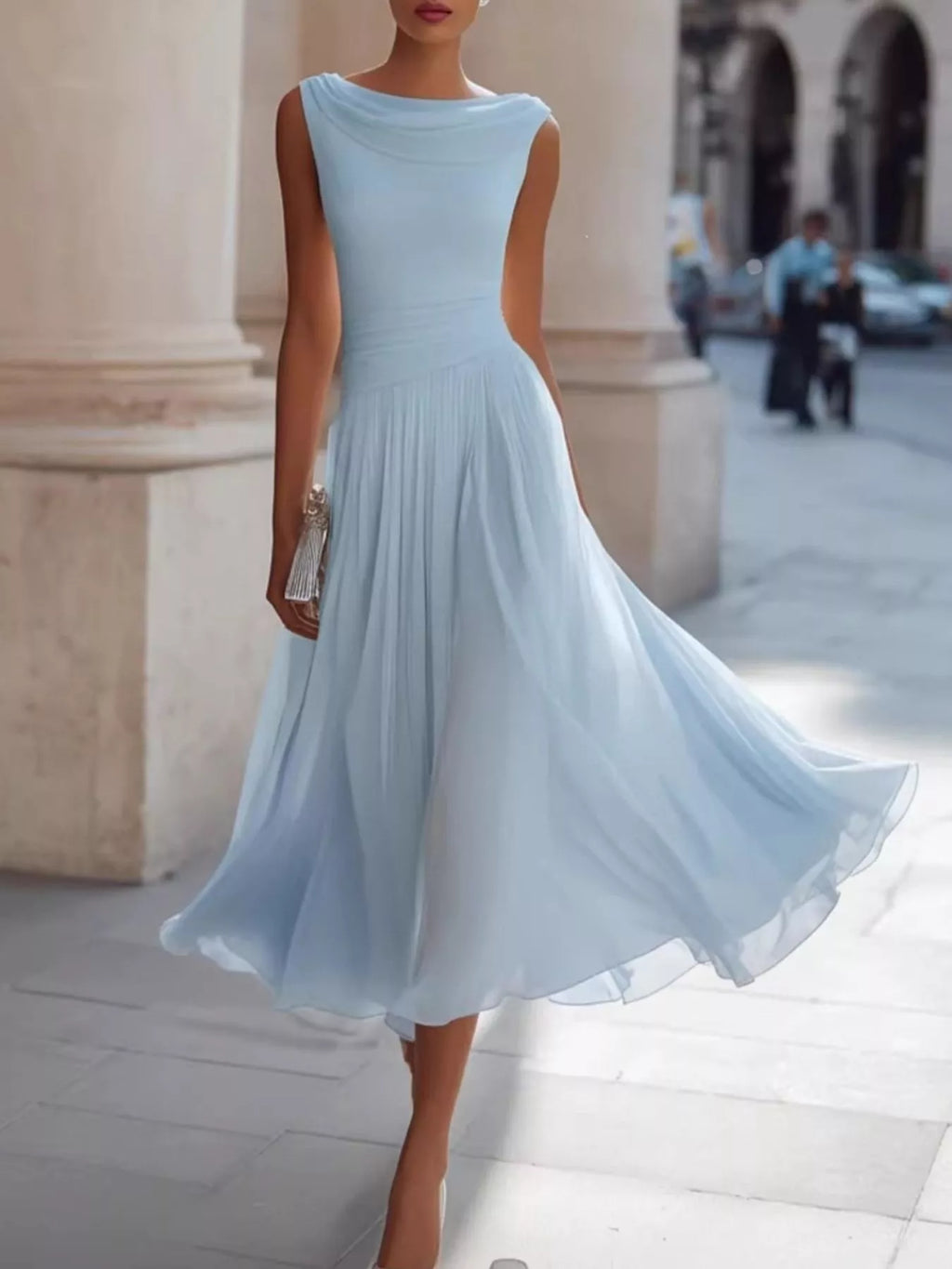 Draped-Neck Sleeveless Flared Midi Dress, S–3XL