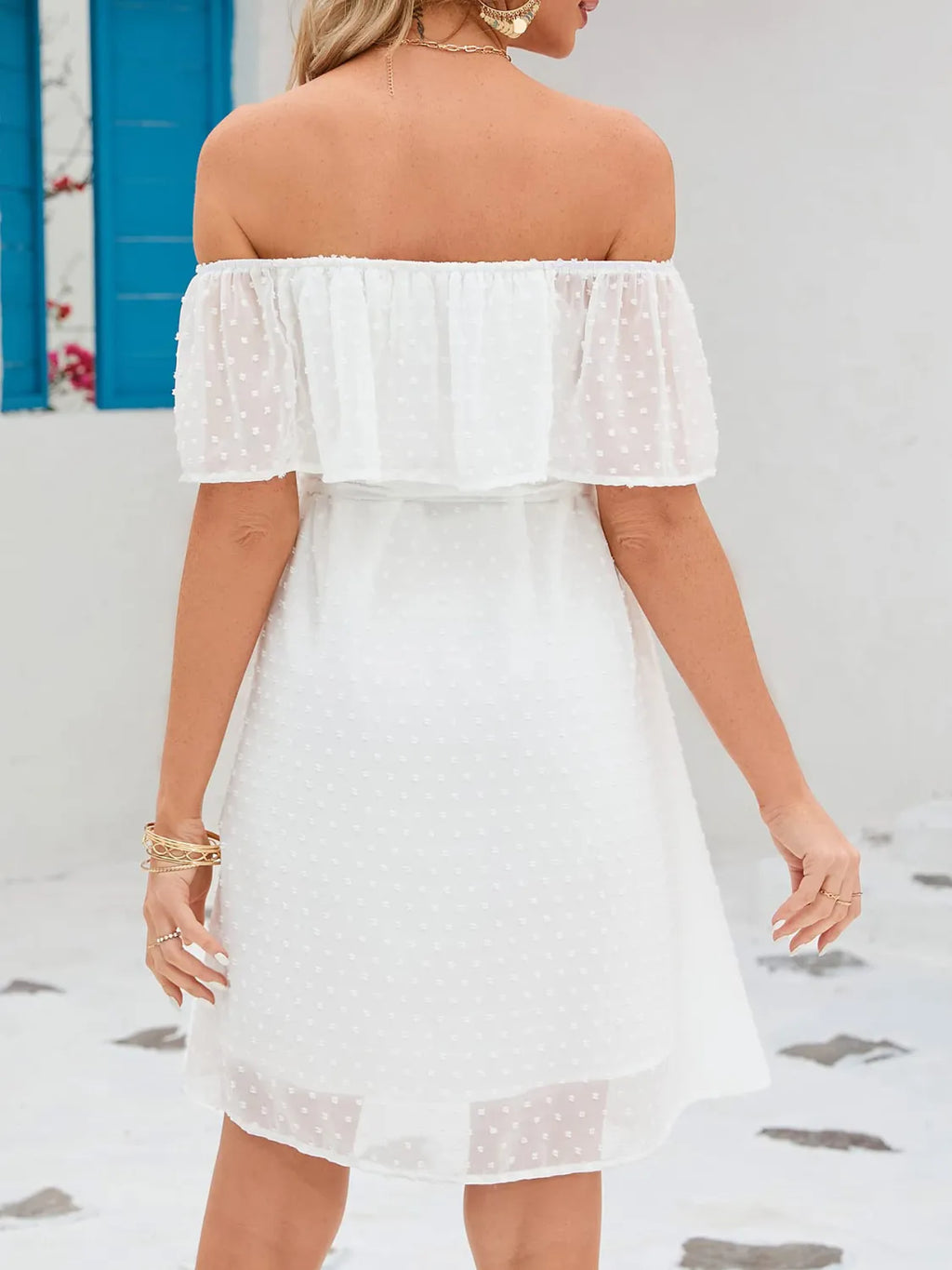 Swiss-Dot Off-Shoulder Belted Mini Dress