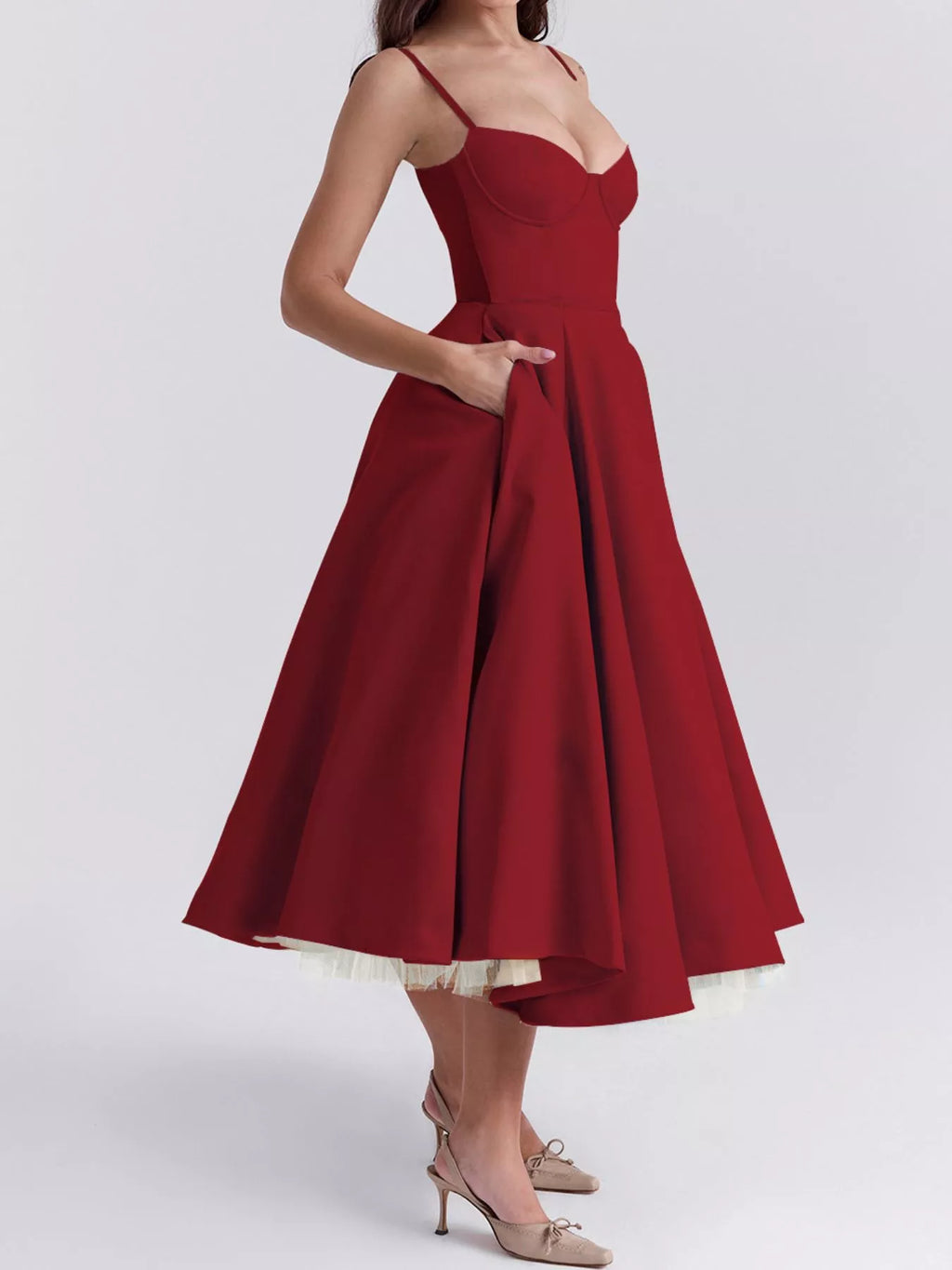Sweetheart-Neck Pocketed A-Line Midi Dress