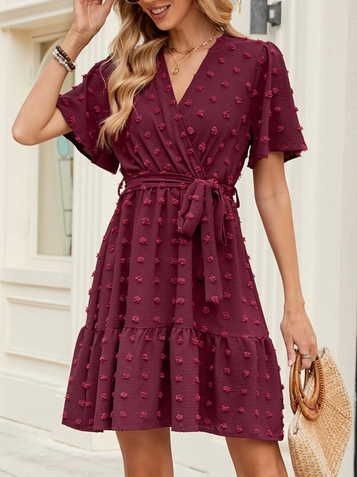 Burgundy Swiss-Dot Flutter-Sleeve Wrap-Look Dress