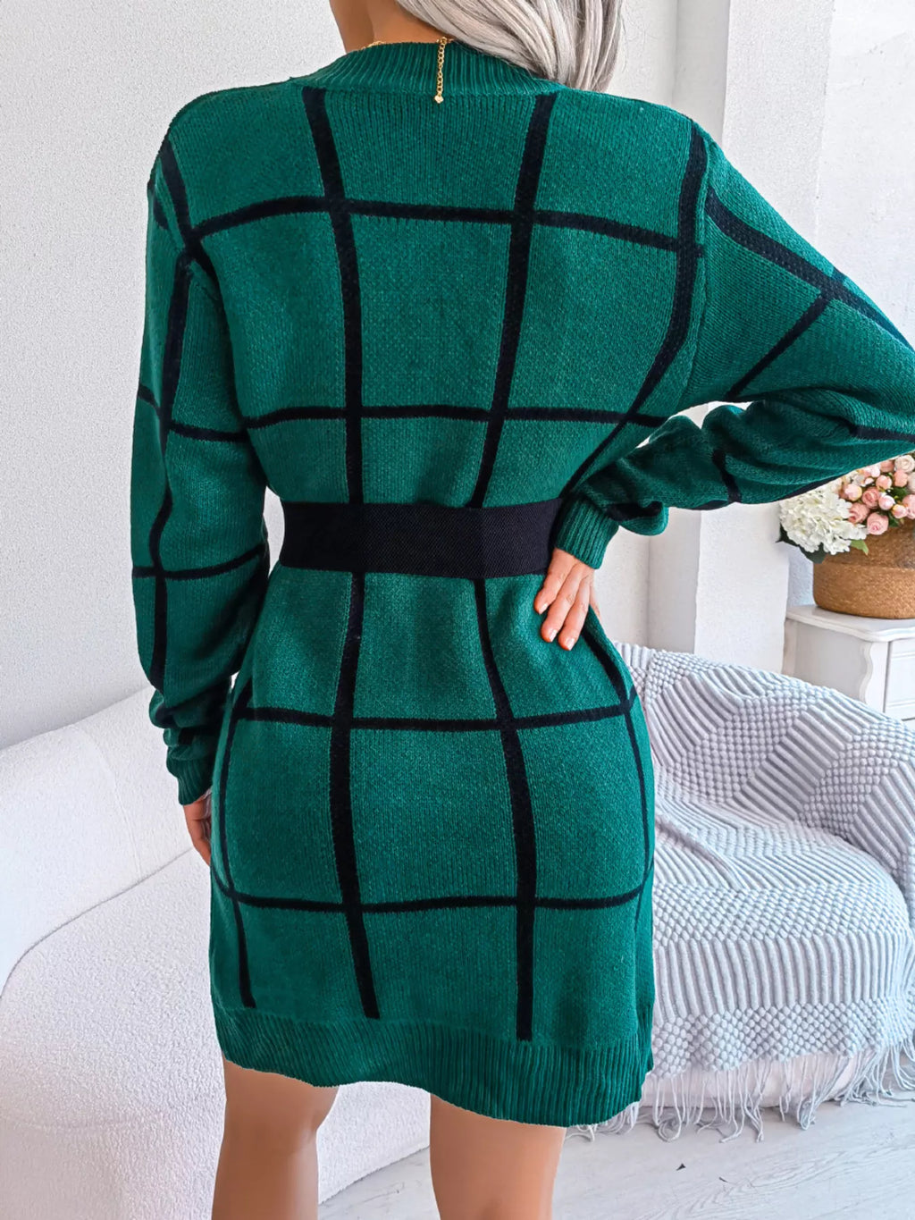 Windowpane Plaid Round-Neck Sweater Mini Dress