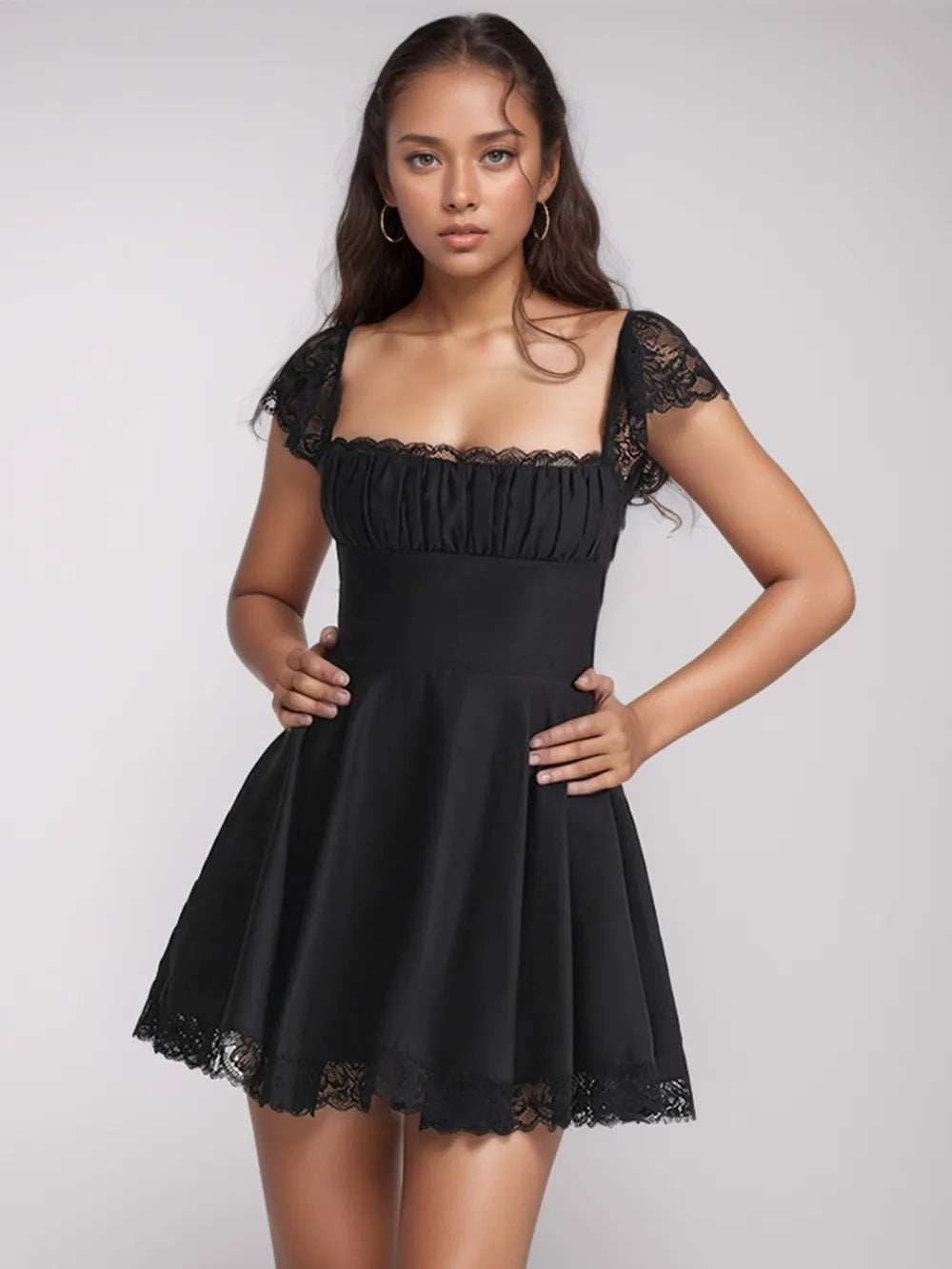 Lace-Detail Square-Neck Cap-Sleeve Mini Dress