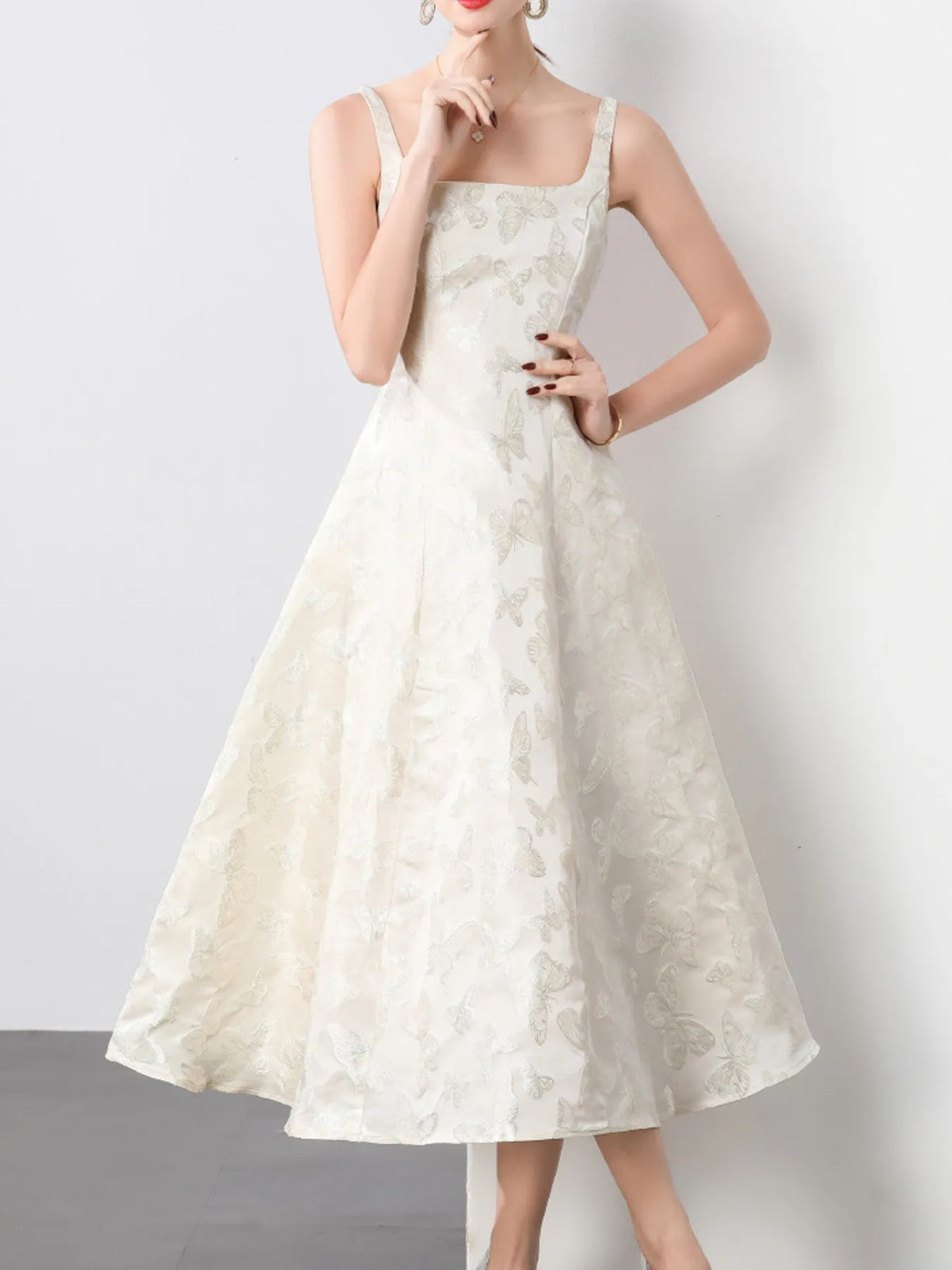 Apricot Butterfly-Embroidered Sleeveless A-Line Midi Dress