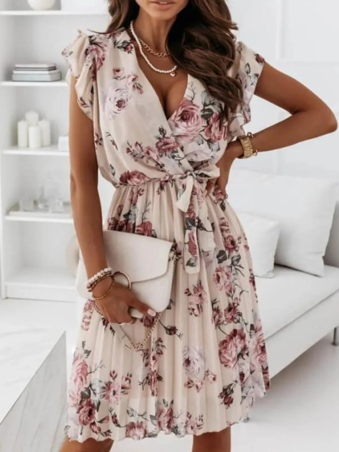 Floral Surplice Tie-Waist Ruffle-Cap-Sleeve Dress