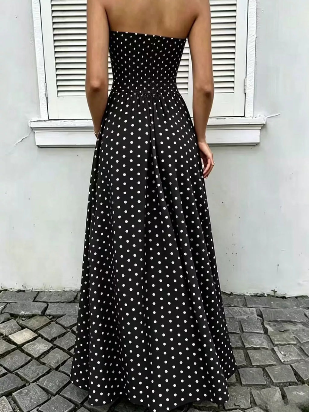 Strapless Polka-Dot Ruched Maxi Dress, S–2XL