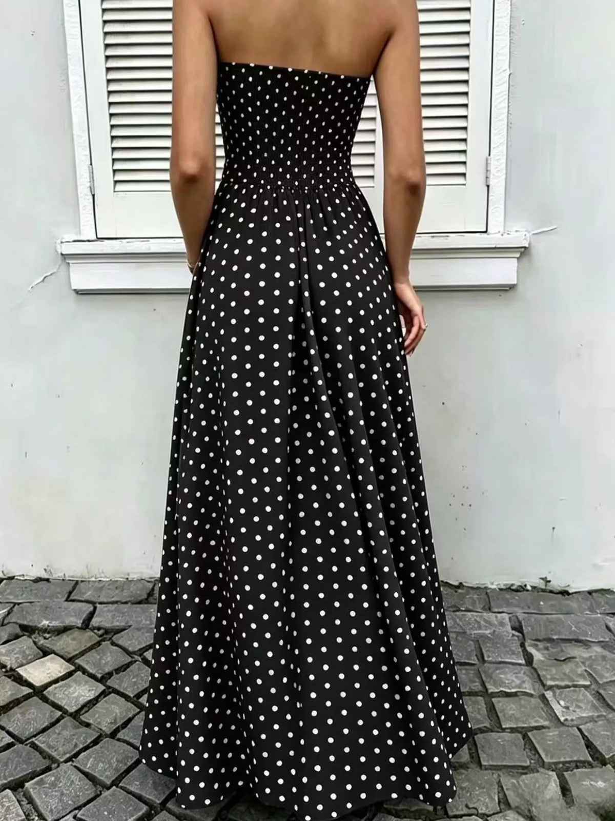 Strapless Polka-Dot Ruched Maxi Dress, S–2XL