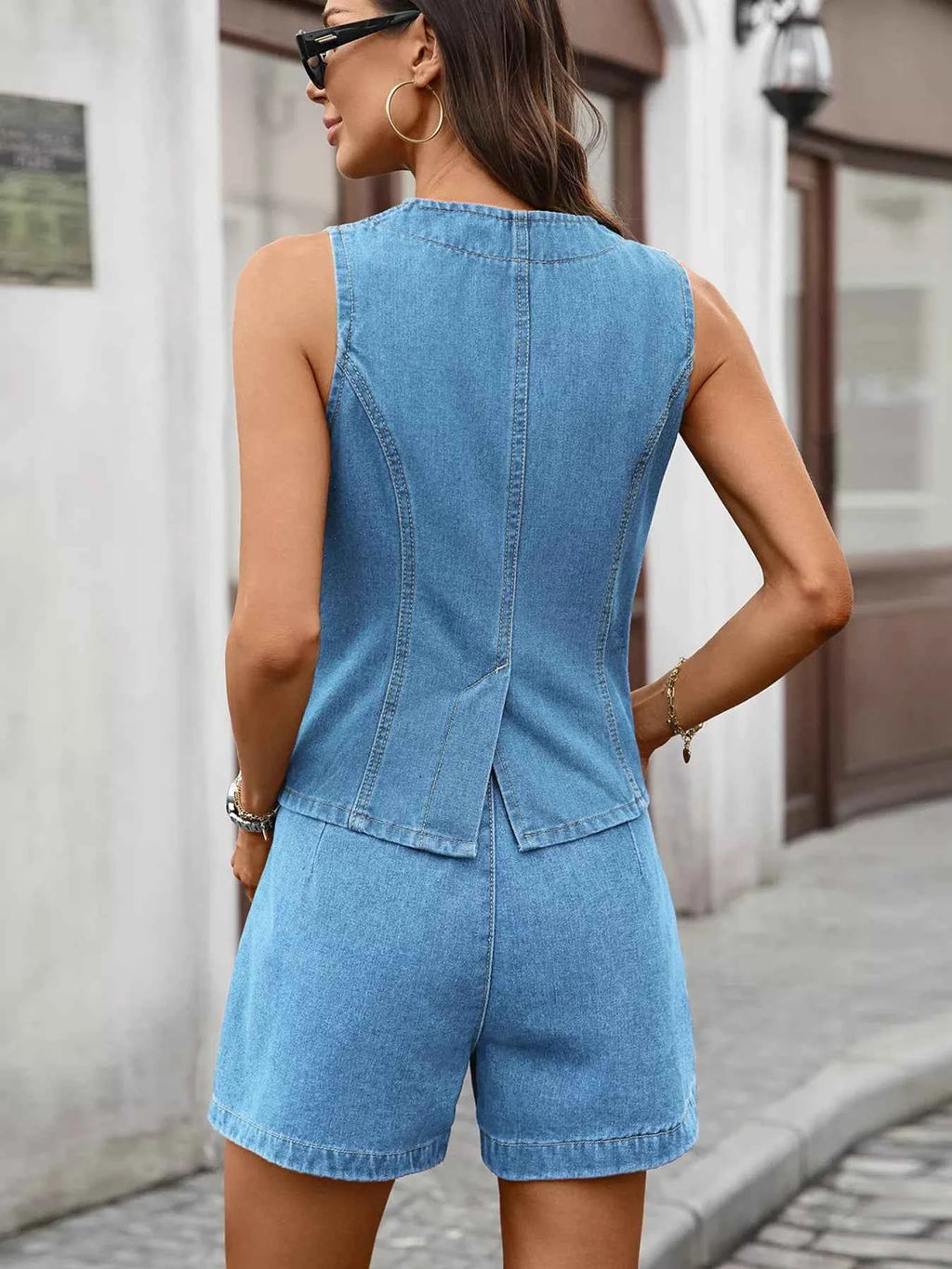 Button-Front Denim-Look Vest & Shorts Set