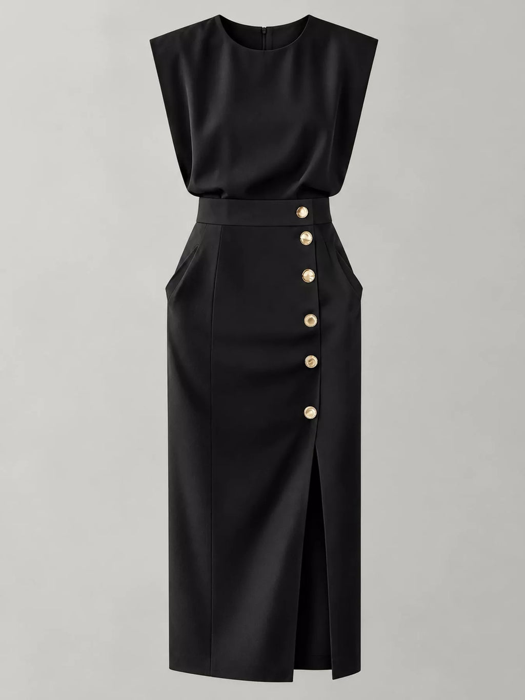 Sleeveless Gold-Tone Button-Detail Midi Dress