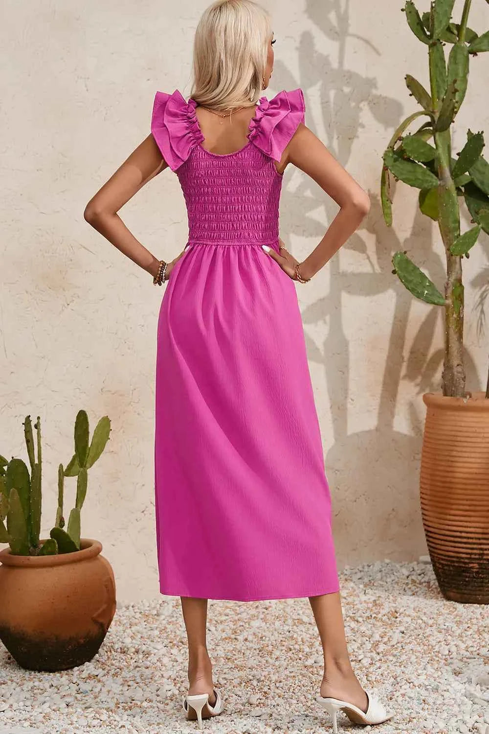 Hot Pink Smocked Ruffle-Strap Midi Dress